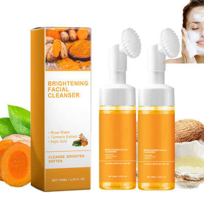 2Pcs Turmeric Facial Cleanser, Turmeric Foaming Face Wash Glow Brightening Face, Deep Cleansing Face Cleanser with Brush (100Ml)