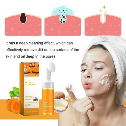2Pcs Turmeric Facial Cleanser, Turmeric Foaming Face Wash Glow Brightening Face, Deep Cleansing Face Cleanser with Brush (100Ml)